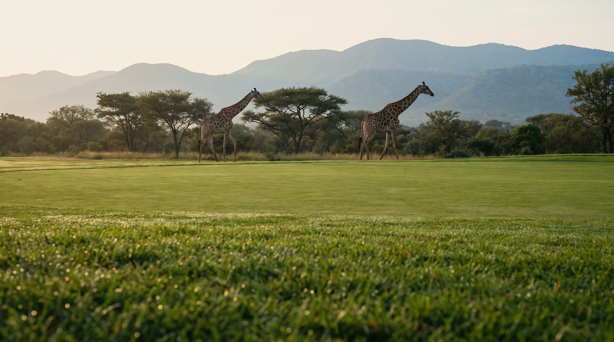 Giraffe crossing a lowveld golf fairway