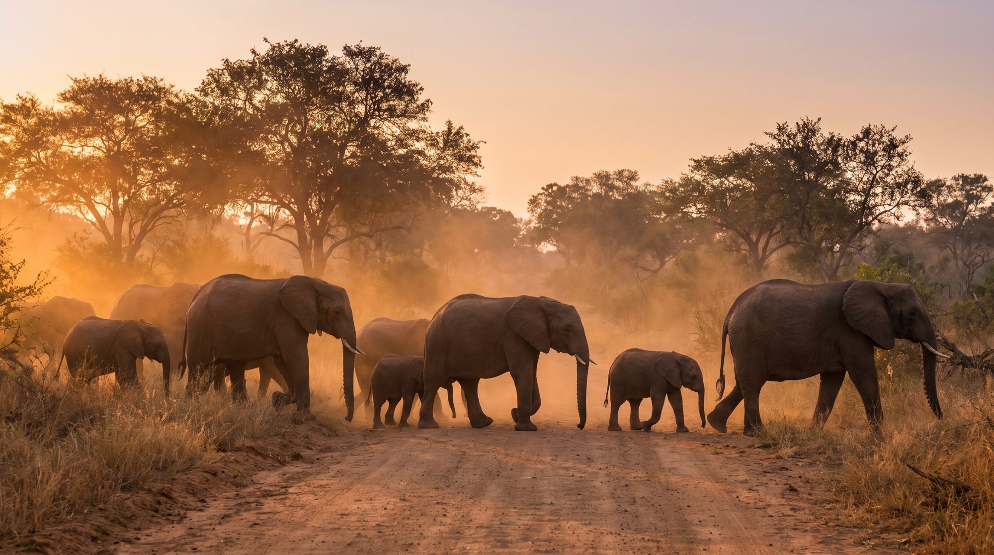 Elephants crossing at dawn in the Kruger National Park