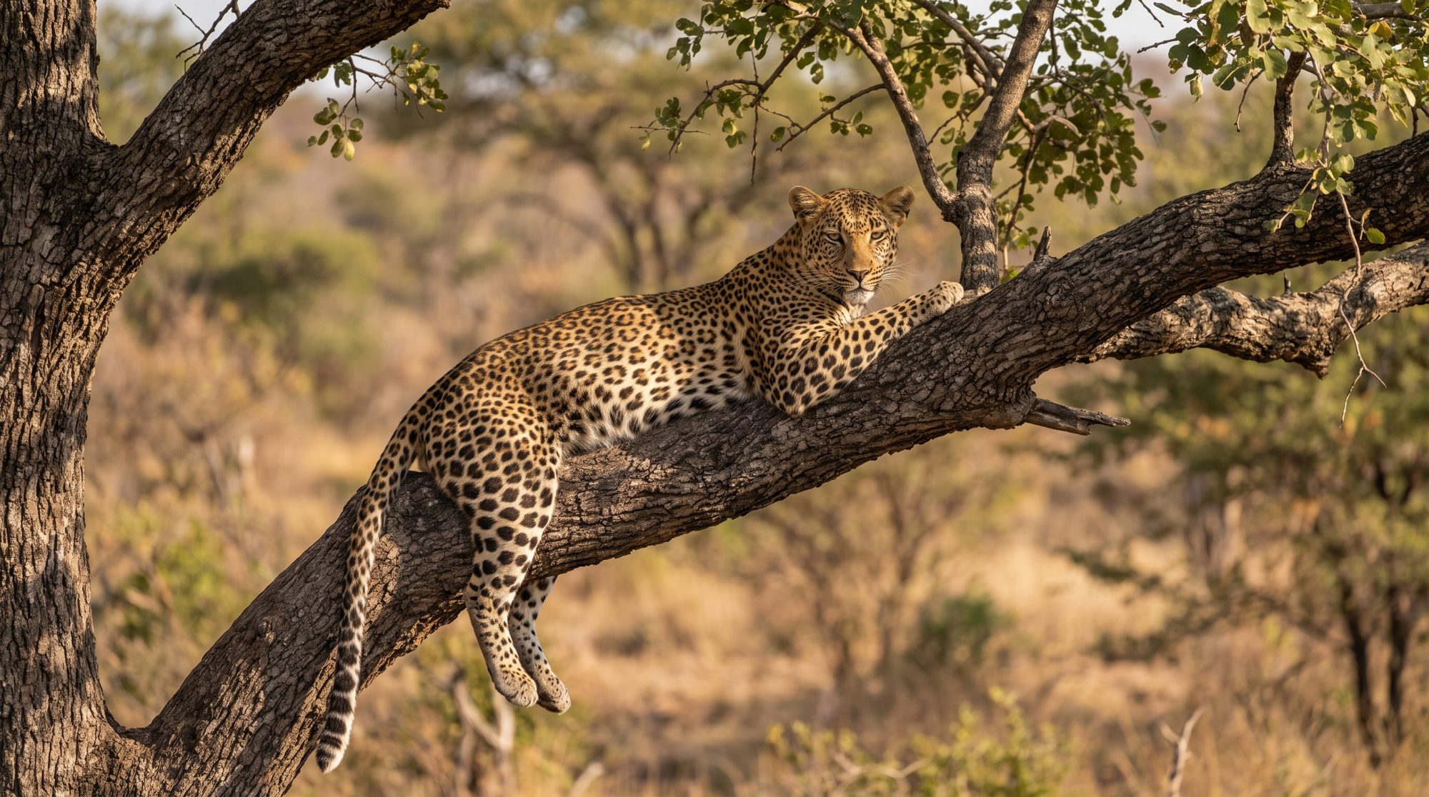Leopard resting on a marula branch in golden light